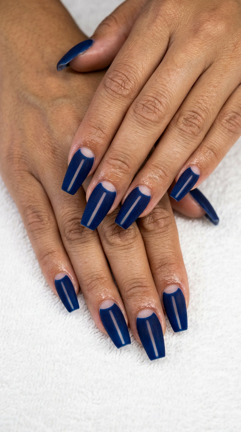 Midnight Velvet Negative Space - Summer Vibes Nails 2026 Midnight Velvet Negative Space nails for summer vibes nails 2026. Edgy deep blue velvet matte with negative space on coffin nails.