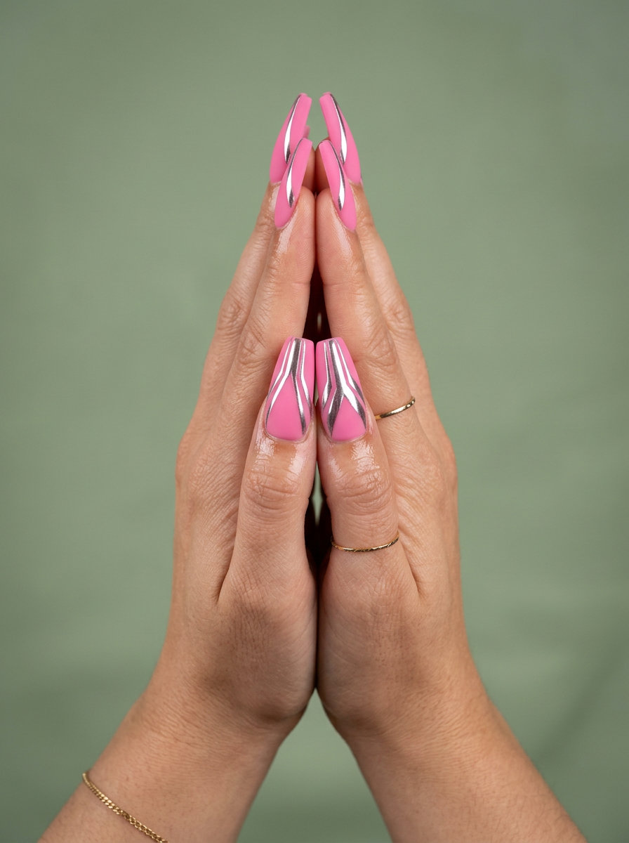 Pink Chrome Geometry Coffin Nails 2026: Party Ready Pink Chrome Geometry Coffin Nails 2026: Edgy matte hot pink with silver chrome for summer vibes.