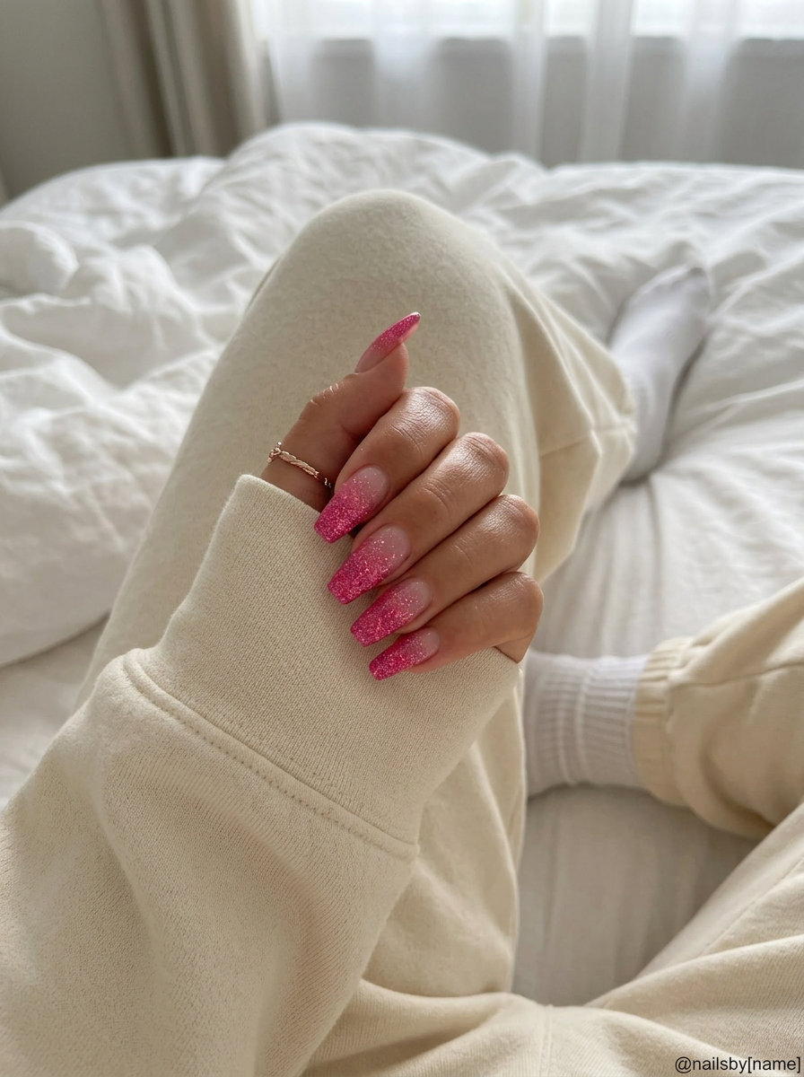 Pink Glitter Fade Nails 2026: Glamorous Party Look Pink glitter fade coffin nails for summer vibes nails 2026, perfect for parties and nights out.