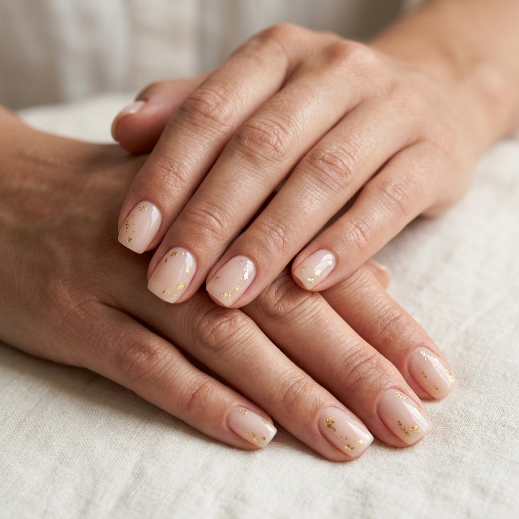 Sun-Kissed Gold Foil Almond - Summer Vibes Nails 2026 Sun-Kissed Gold Foil Almond nails for summer vibes nails 2026. Elegant milky nude with gold foil on almond nails.