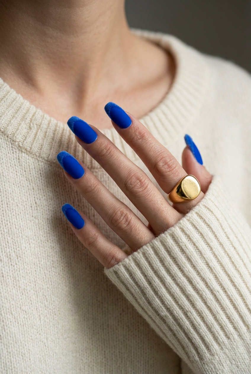 Velvet French Tips Nails 2026: Sultry & Luxe Velvet electric French tips square nails for summer vibes nails 2026, ideal for date nights and special occasions.