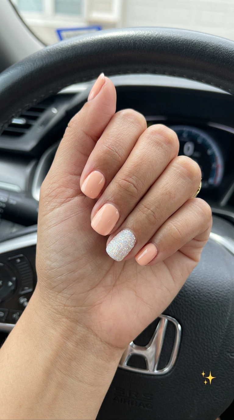 Glitter Accent Nails 2026: Subtle Summer Sparkle Sparkling White Glitter Accent Nails 2026: Soft peach with glitter for subtle summer vibes.
