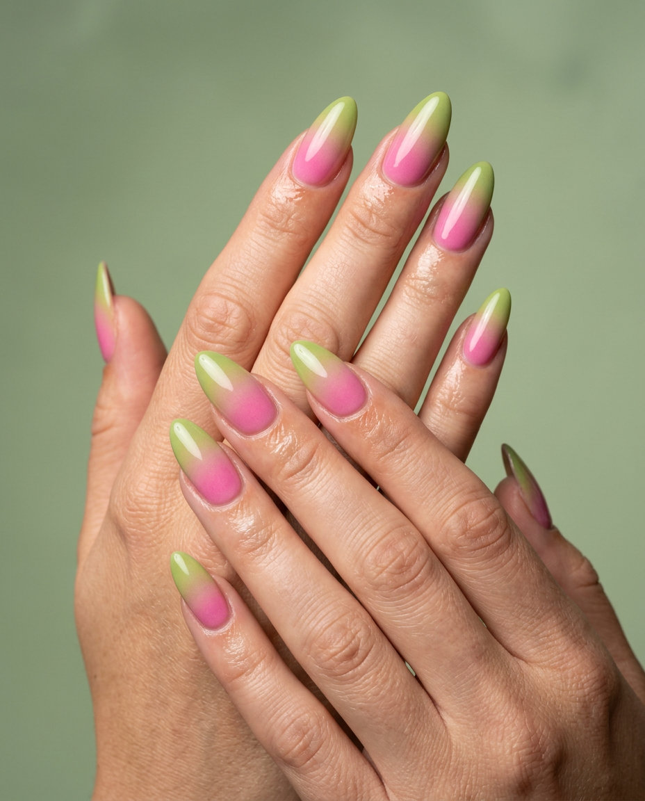 Dreamy Watermelon Nails 2026: Airbrushed Slice Airbrushed watermelon slice stiletto nails for summer Watermelon nails 2026. Romantic gradient.