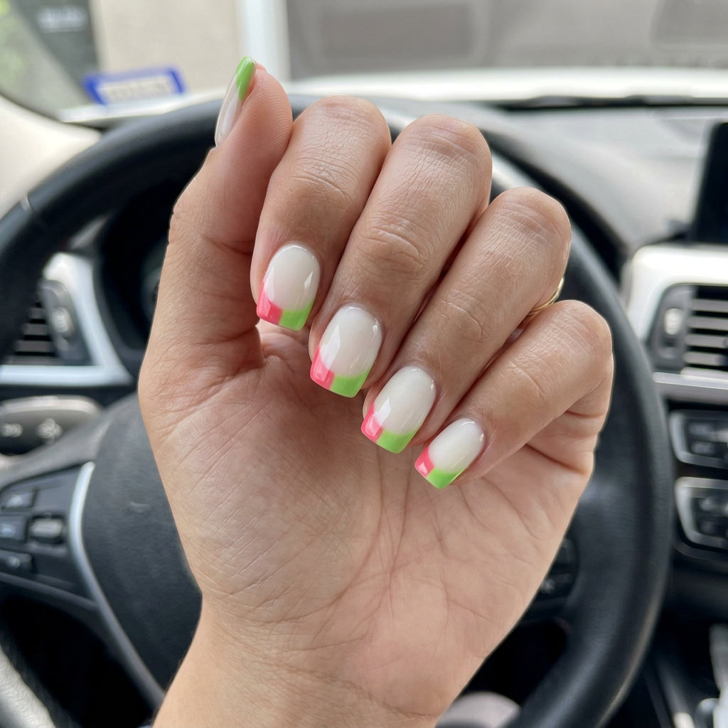 Fun Watermelon Nails 2026: Color Block French Watermelon color block French tip nails for summer Watermelon nails 2026. Pink and green.