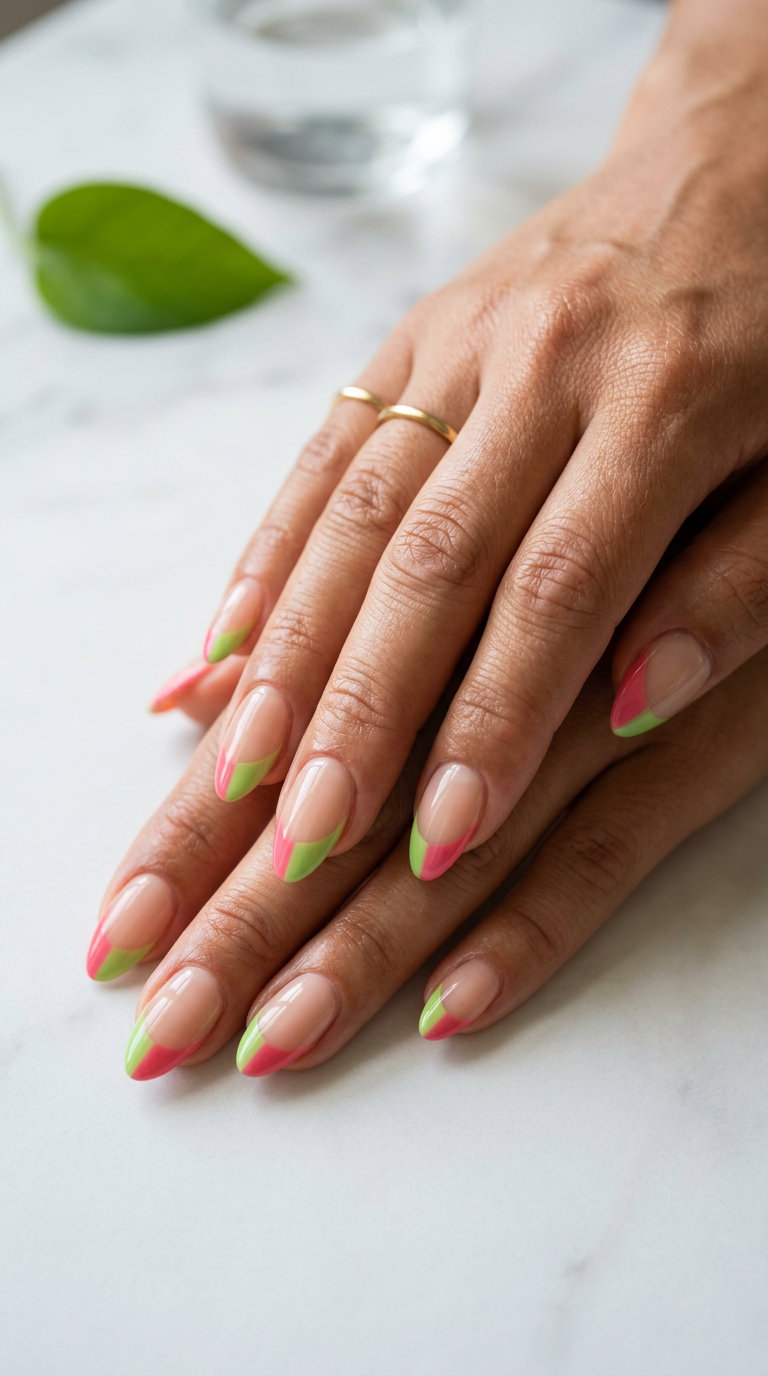 Summer Watermelon Nails 2026: Geometric Color Block Playful summer Watermelon nails 2026: Color Block French tips in pink and green on nude base.