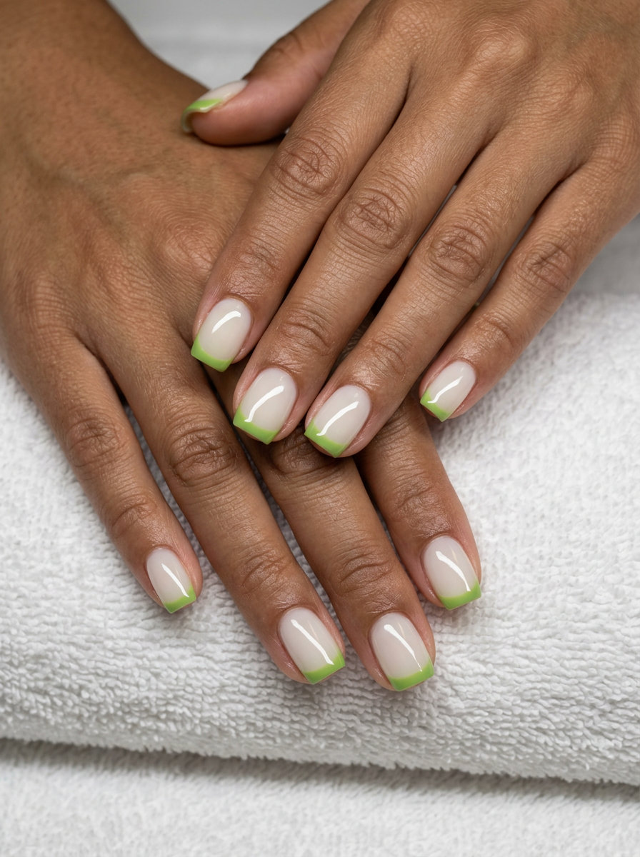 Playful Watermelon Nails 2026: Green Lunula Green lunula rind nails for summer Watermelon nails 2026. Milky nude with lime green reverse French.