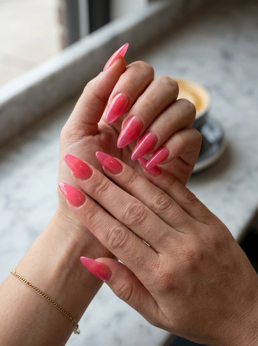 Summer Watermelon Nails 2026: Jelly Pink Stiletto Glamorous summer Watermelon nails 2026: Watermelon Jelly Pink Stiletto for a bold, juicy effect.
