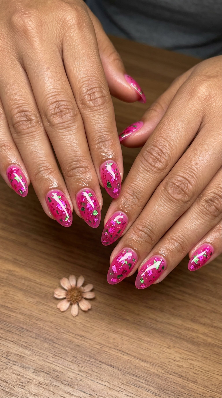 Summer Watermelon Nails 2026: Foil Flake Juicy Glamorous summer Watermelon nails 2026: Juicy Foil Flake Watermelon in vibrant pink with foil accents.