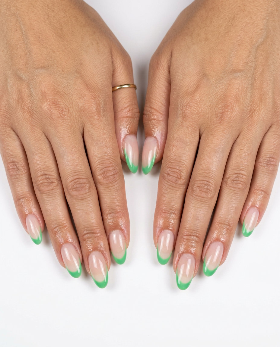 Elegant Watermelon Nails 2026: Reverse French Reverse French watermelon green nails for summer Watermelon nails 2026. Sophisticated nude base.