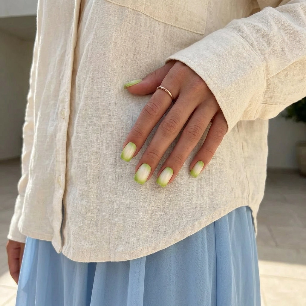 Summer Watermelon Nails 2026: Rind Aura Squares Playful watermelon rind aura square nails for picnics and casual weekends in summer 2026.
