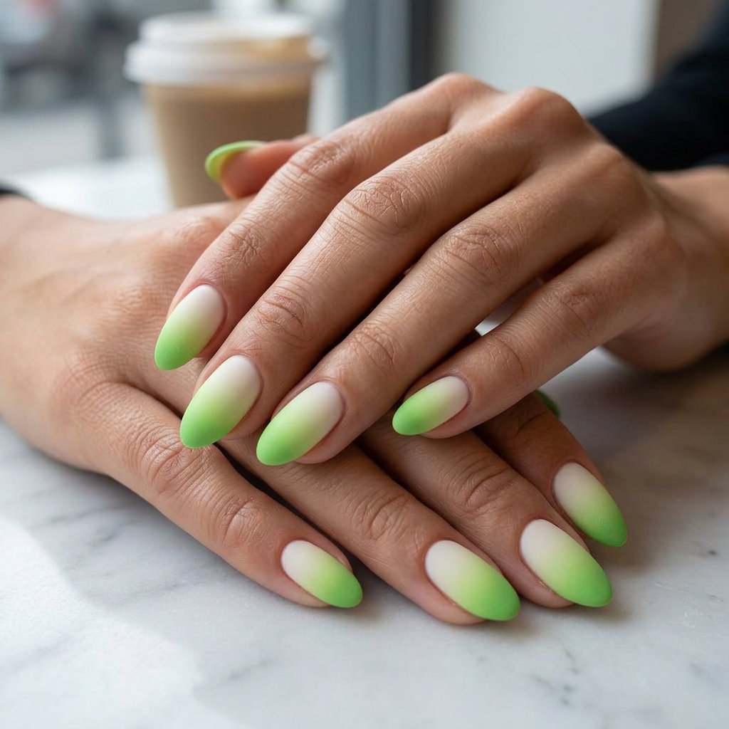 Matte Watermelon Nails 2026: Gradient French Matte watermelon rind gradient square nails for summer Watermelon nails 2026. Creamy white to lime green.