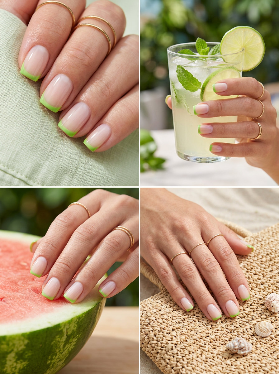 Summer Watermelon Nails 2026: Rind Micro French Sophisticated lime rind micro French nails for casual chic and work in summer 2026.