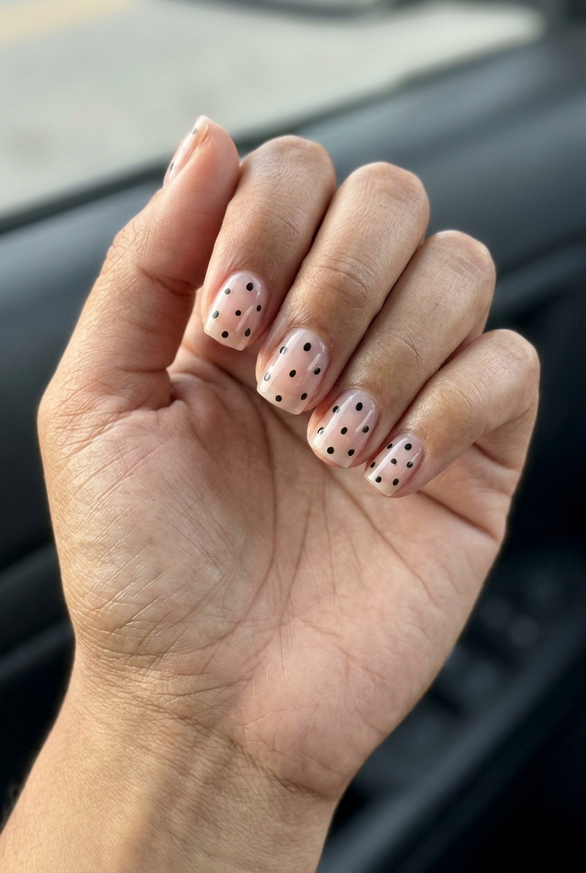Summer Watermelon Nails 2026: Seed Dot Negative Space Minimalist summer Watermelon nails 2026: Seed Dot Negative Space with black dots on clear base.