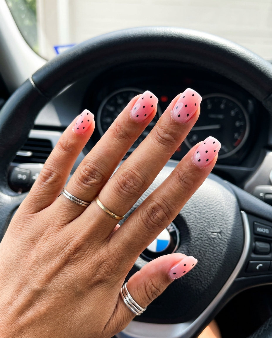 Chic Watermelon Nails 2026: Seed Dots Subtle watermelon seed dot nails for summer Watermelon nails 2026. Milky pink with black dots.