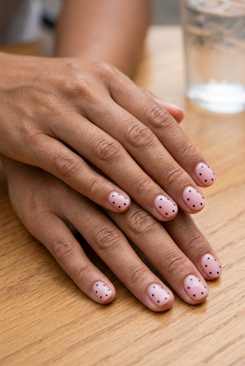 Summer Watermelon Nails 2026: Minimalist Seed Dots Subtle watermelon seed dot nails with milky pink base for minimalist summer daily wear.