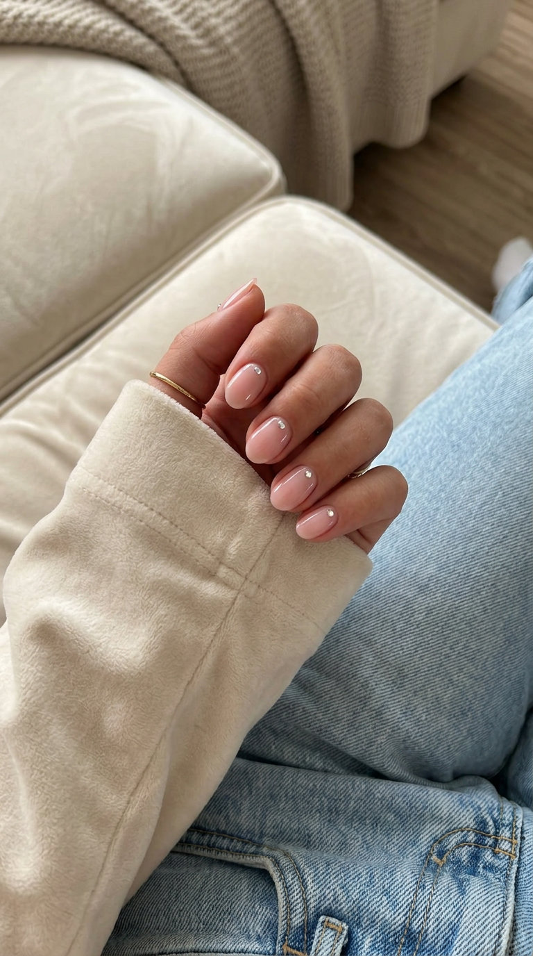 Bridal Crystal Accent Nails 2026 Sheer pink nails with a single clear crystal rhinestone accent for summer wedding nails 2026. Elegant bridal look.