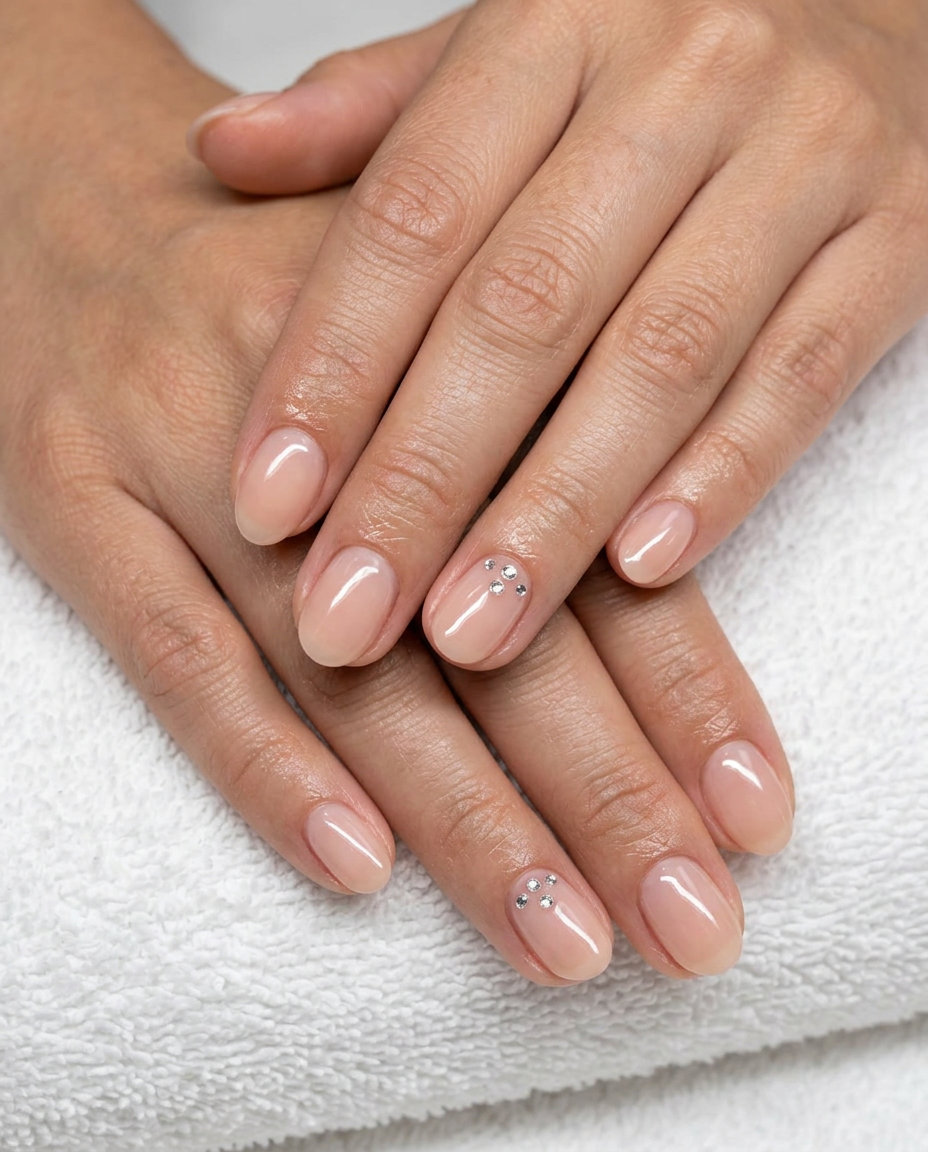 Dainty Rhinestone Nude Nails 2026 Short oval nude nails with dainty clear rhinestone accents for summer wedding nails 2026. Romantic and polished.