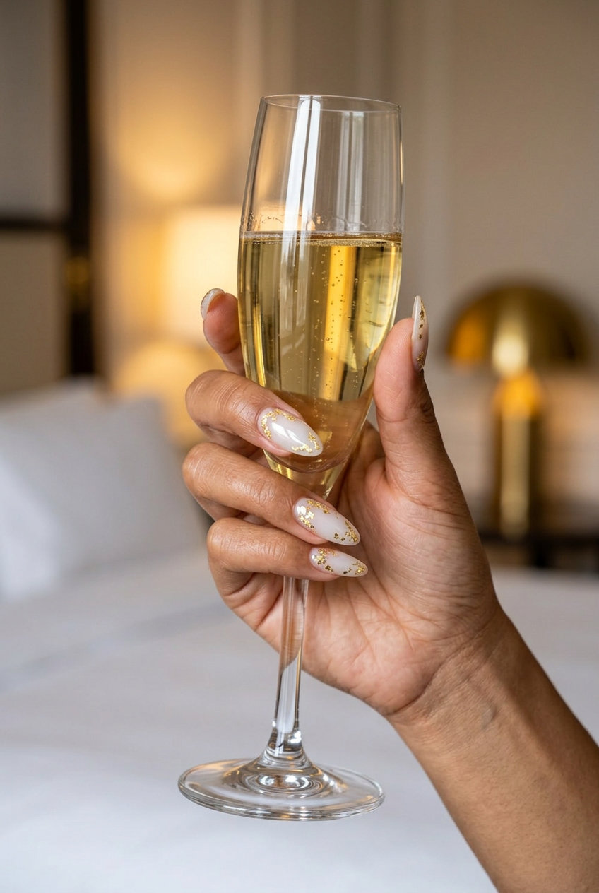 Elegant Gold Leaf Wedding Nails 2026 Elegant summer wedding nails 2026: sheer milky white with scattered gold leaf for a sophisticated bridal look.