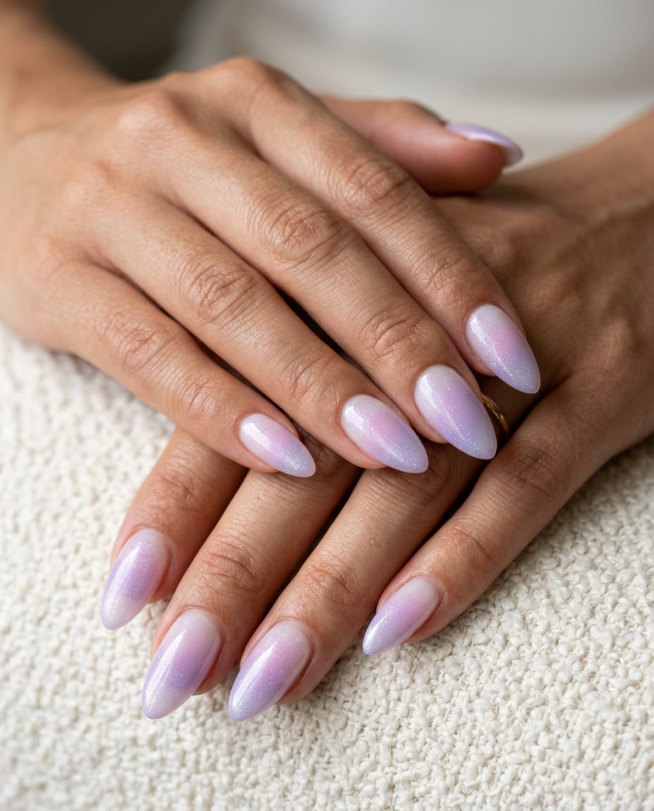Lavender Aura Gradient Wedding Nails 2026 Dreamy wedding nails 2026: lavender and pink gradient with holographic shimmer for a magical party look.