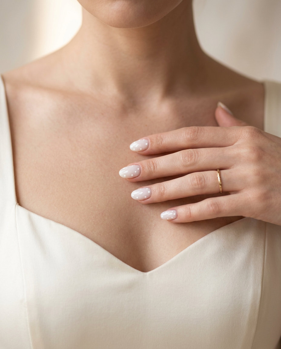 Milky White Dotted Wedding Nails 2026 Playful wedding guest nails 2026: milky white with white dots for a dreamy, sweet, and casual bridal shower look.