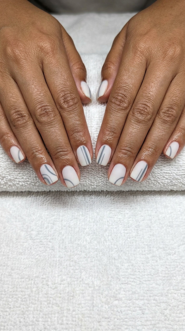 Summer Wedding Nails 2026: Minimalist Abstract Lines Minimalist abstract white lines nails for summer wedding nails 2026. Sophisticated matte finish.
