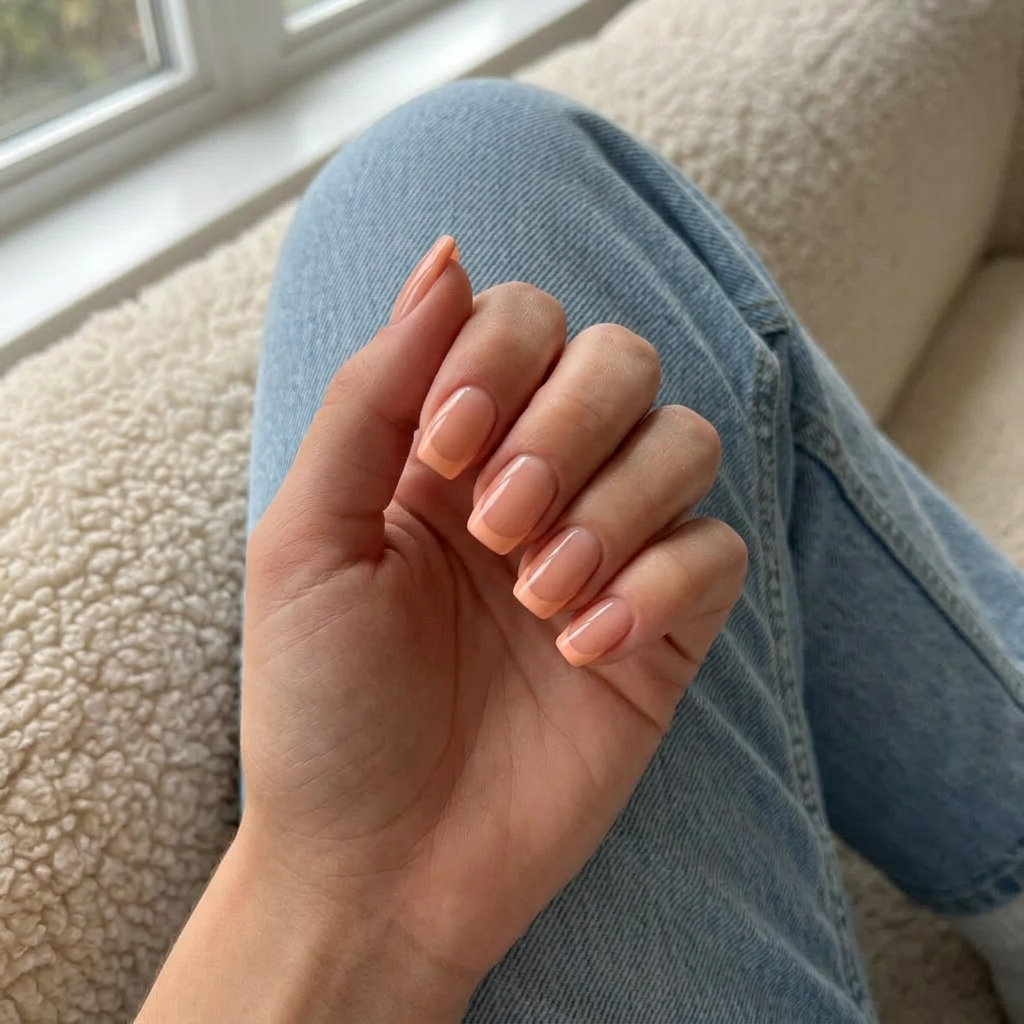 Juicy Peach Jelly French Nails 2026 Sheer peach jelly French tip almond nails for summer wedding nails 2026. Playful and sweet.