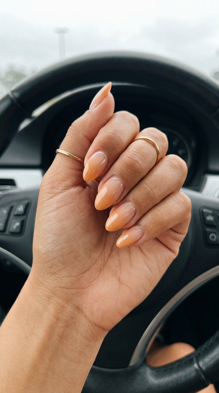 Sunset Peach Ombre Wedding Nails 2026 Bohemian wedding guest nails 2026: sheer nude to peach ombre for a relaxed, warm destination wedding look.