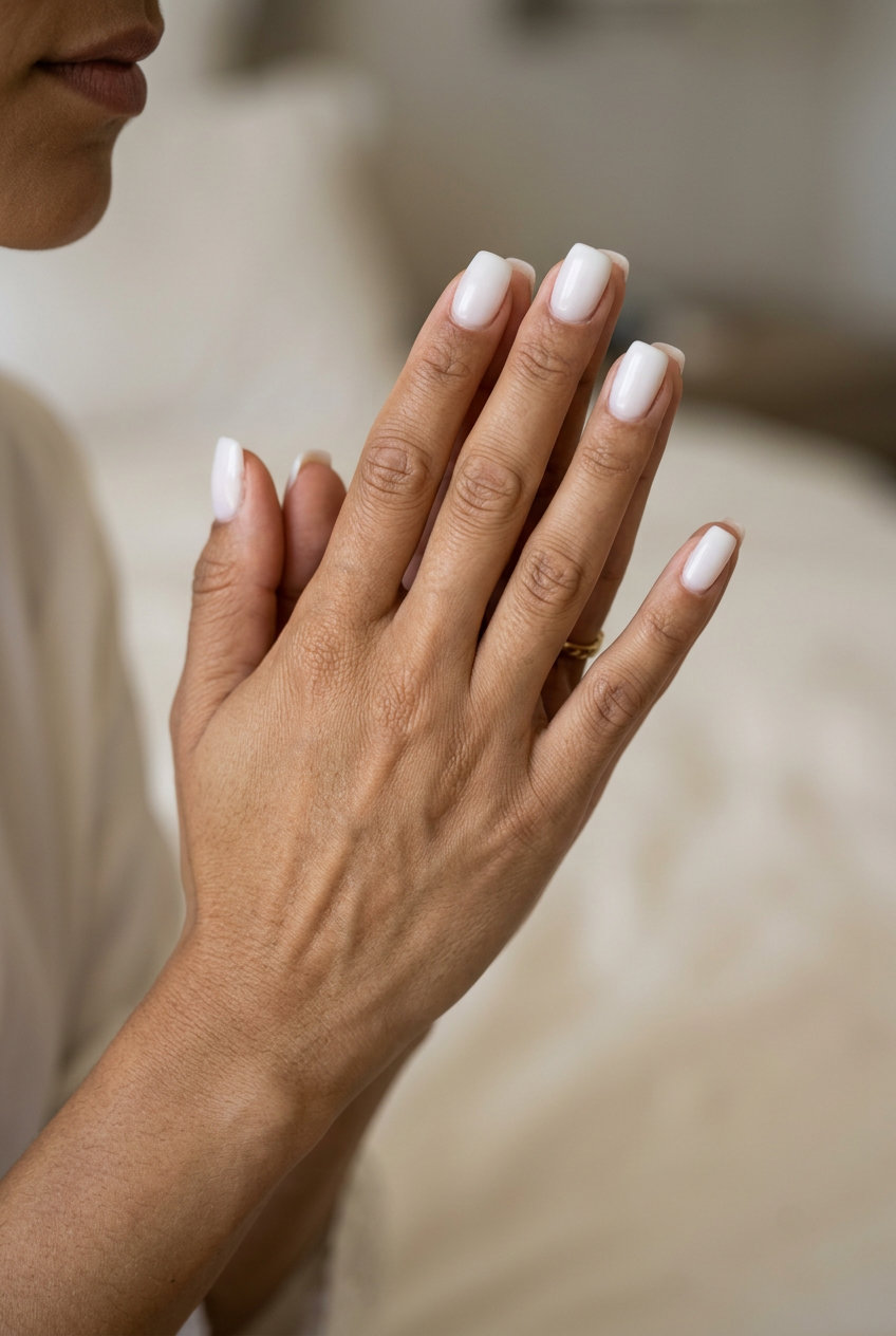 Summer Wedding Nails 2026: Pure White Builder Pure white builder strength nails for summer wedding nails 2026. Chic and durable bridal look.