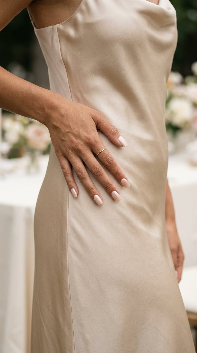 Quiet Luxury Nude Chrome Nails 2026 Sheer creamy nude nails with subtle pearlescent shimmer and matte finish for summer wedding nails 2026.