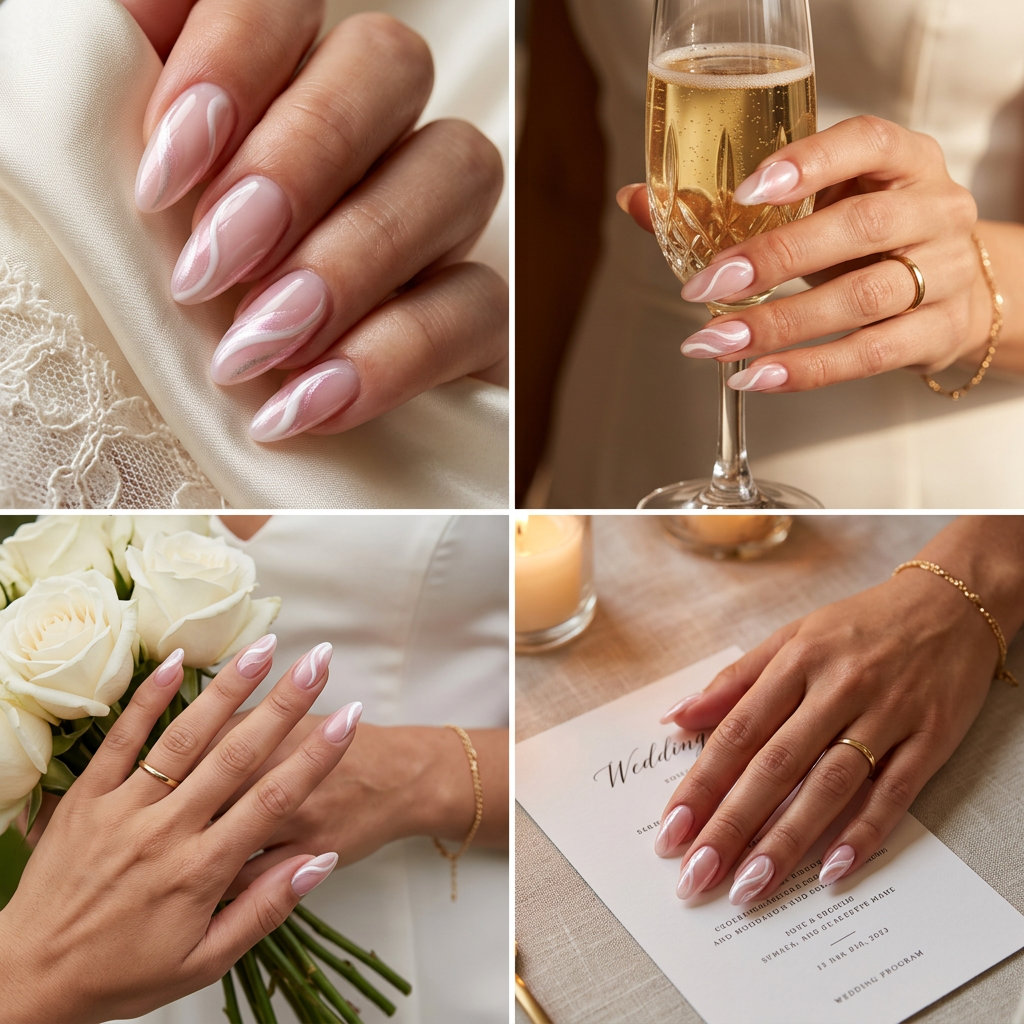 Rose Quartz Chrome Wedding Nails 2026 Romantic wedding guest nails 2026: rose quartz pink with pink-silver chrome swirls for a luxurious look.