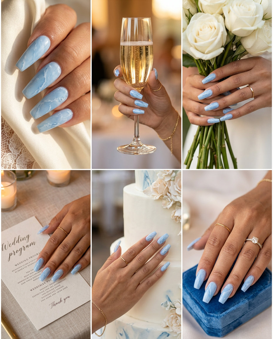 Summer Wedding Nails 2026: Serene Blue Marble Serene blue marble nails for summer wedding nails 2026. Sophisticated milky blue with white veining.
