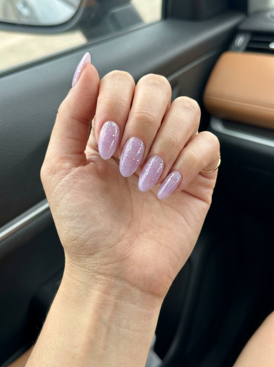 Summer Wedding Nails 2026: Sparkling Lavender Confetti Sparkling lavender confetti nails for summer wedding nails 2026. Playful and ethereal glitter.
