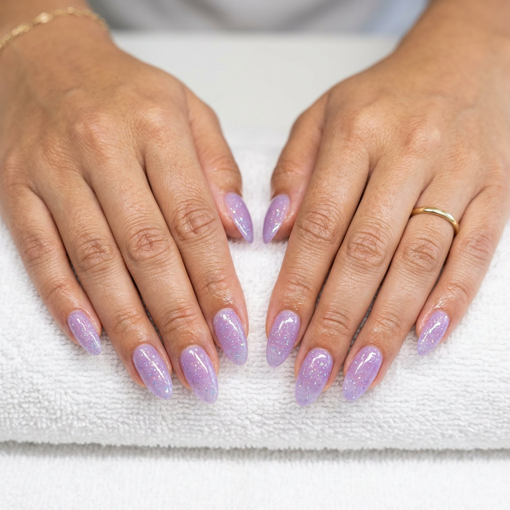 Sparkling Lavender Dew Almond Nails 2026 Sheer lavender almond nails with holographic glitter flakes for summer wedding nails 2026. Whimsical and playful.