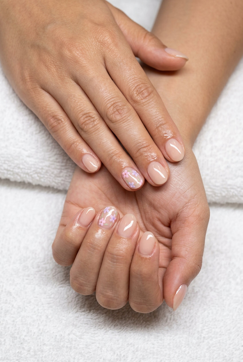 Whimsical Garden Wedding Nails 2026 Whimsical garden wedding nails 2026: sheer nude with delicate pastel floral accents for a romantic bridal look.