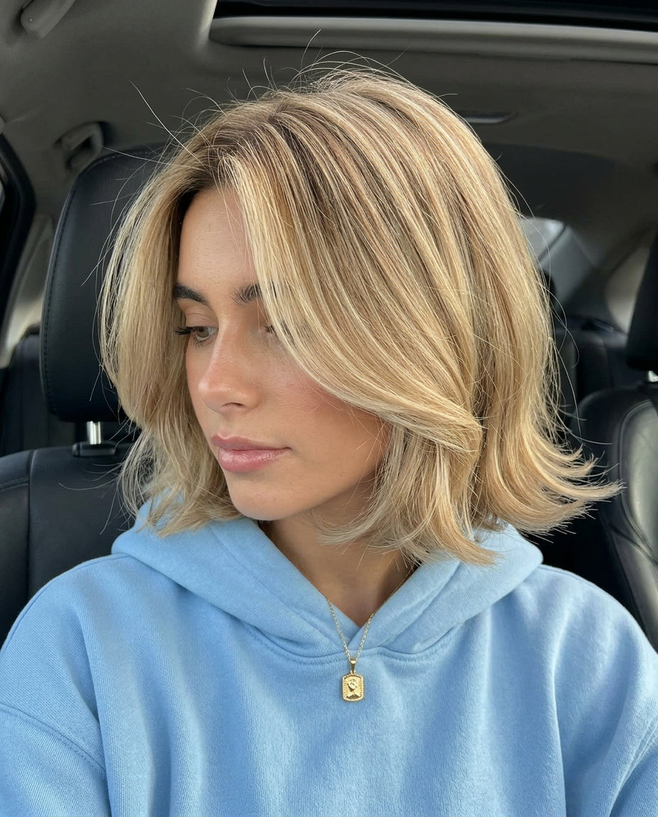 chin-length bob haircut in natural sun-kissed blonde with texturized ends for relaxed summer 2026