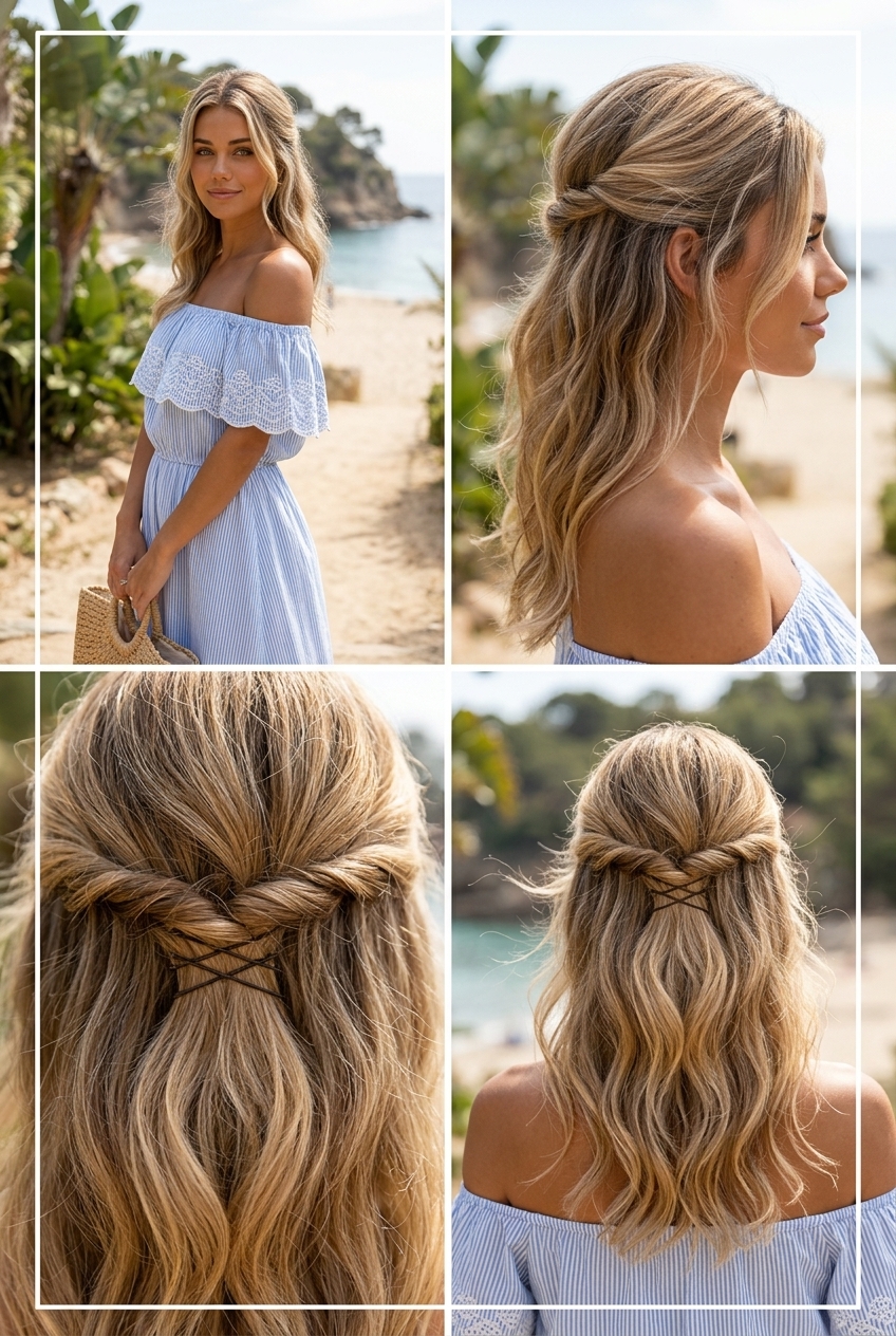 Boho Summer Wavy Half-Up Hairstyle 2026 long wavy half-up hairstyle with sun-kissed blonde, textured waves, and face-framing pieces for weekend brunch