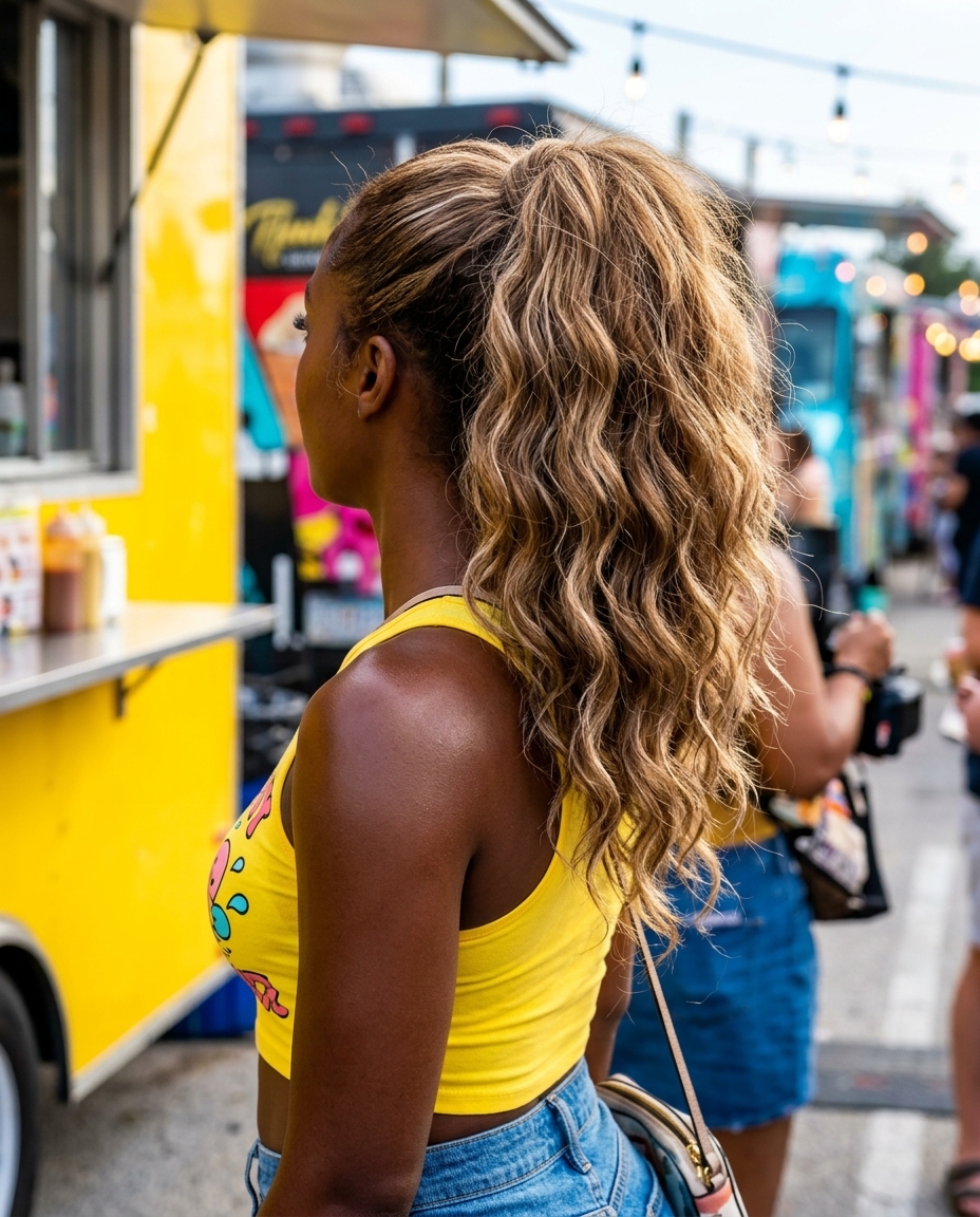 High Pony: Sun-Kissed Blonde Waves 2026 medium-length wavy hair with sun-kissed blonde, high ponytail — playful energetic style