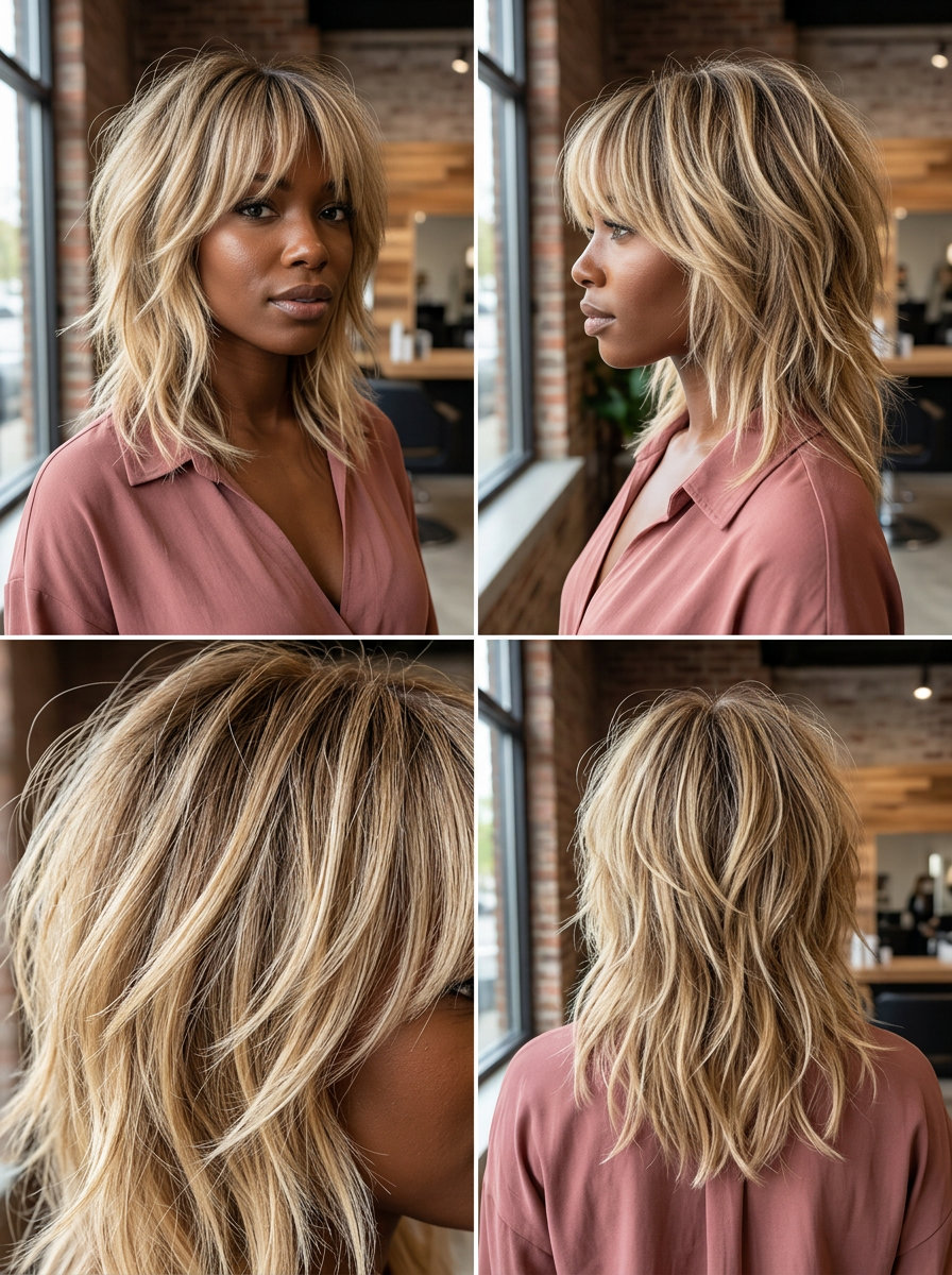 mid-length shag haircut in sun-kissed blonde with curtain bangs for summer