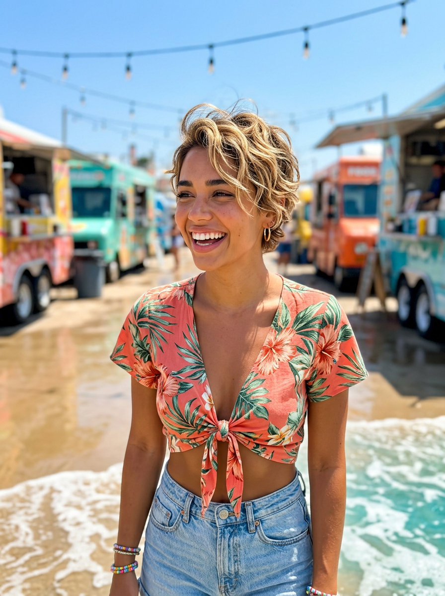 Piecey Waves 2026: Sun-Kissed Blonde Pixie short wavy razored pixie with sun-kissed blonde color, piecey texture, no fringe — carefree music festival