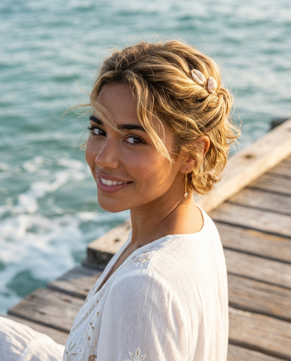 Boho Pixie Twist 2026: Sun-Kissed Blonde short wavy pixie twist with sun-kissed blonde color, twisted crown, shell clips — playful boho festival