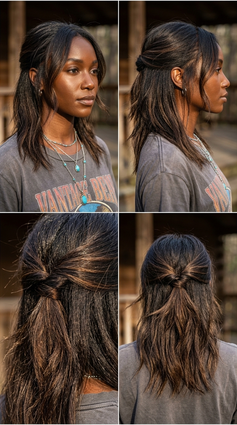collarbone-length shag haircut with sun-kissed brown caramel balayage and choppy layers for edgy cool