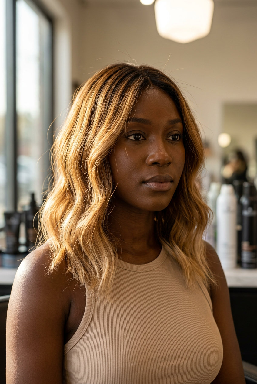 long sun-kissed honey ombré waves with dark brown root, golden honey mid-lengths, creamy blonde ends — playful, effortless