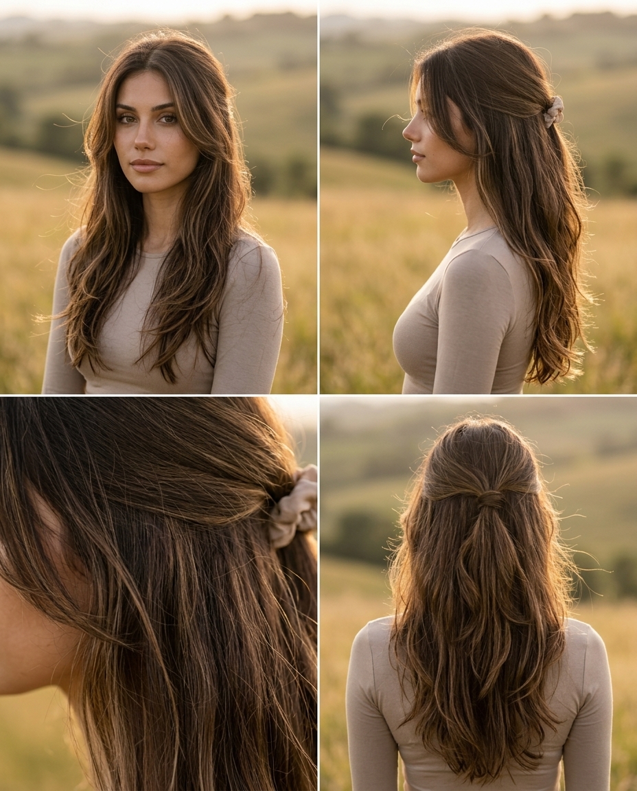 long layered natural hair half up half down with sun-kissed nuances, soft face-framing layers — soft effortless