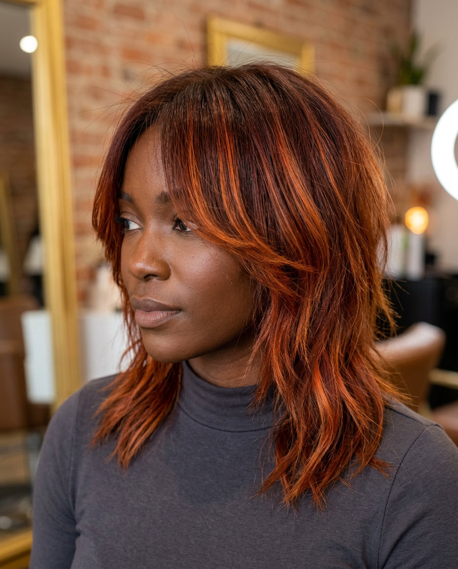 mid-length shag haircut in sunset copper with auburn roots for summer