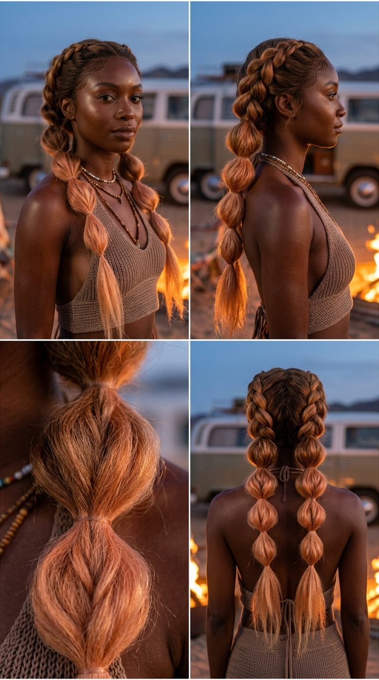 extra-long layered haircut with sunset ombre, playful bubble braids for music festival