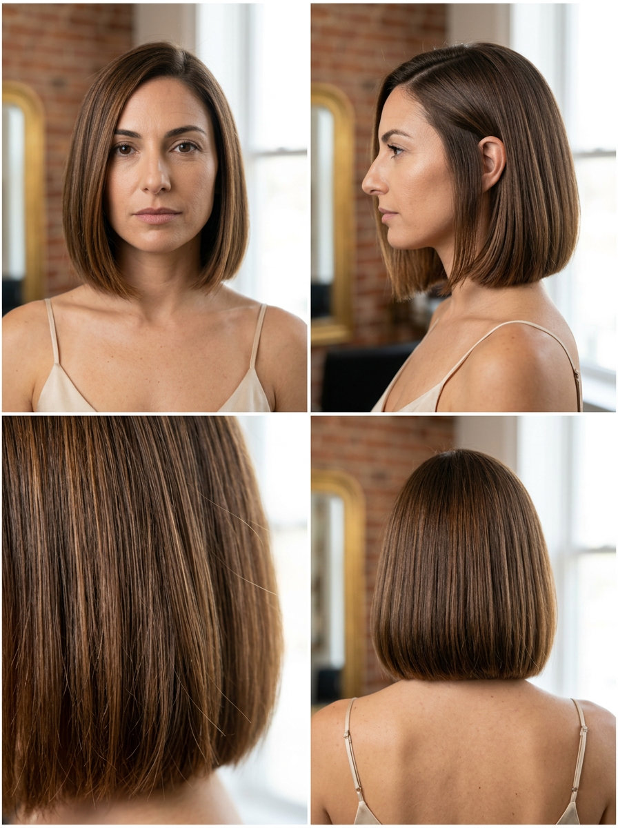chin-length bob haircut with syrup brunette, caramel ribbons, subtle A-line for summer