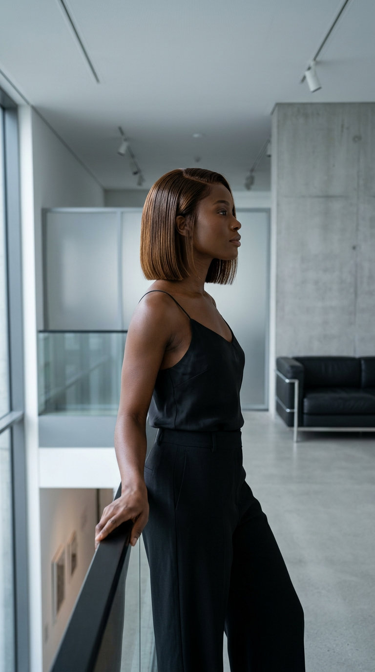chin-length bob haircut with syrup brunette, golden undertones, blunt perimeter for summer