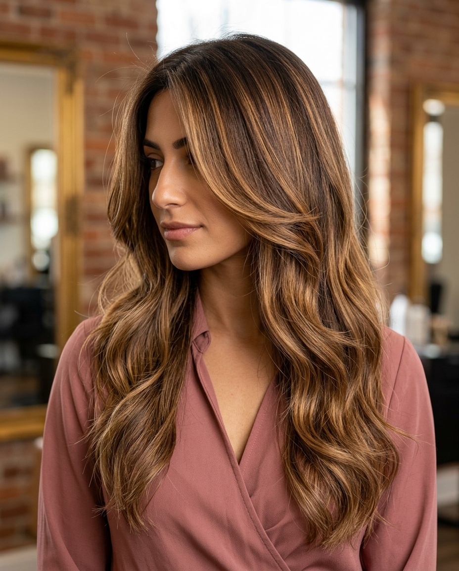 long gold-toned syrup brunette with warm caramel ribbons and face-framing layers for romance