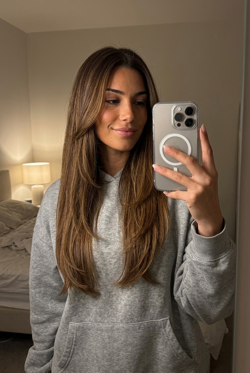 long layered haircut in syrup brunette with golden undertones for summer