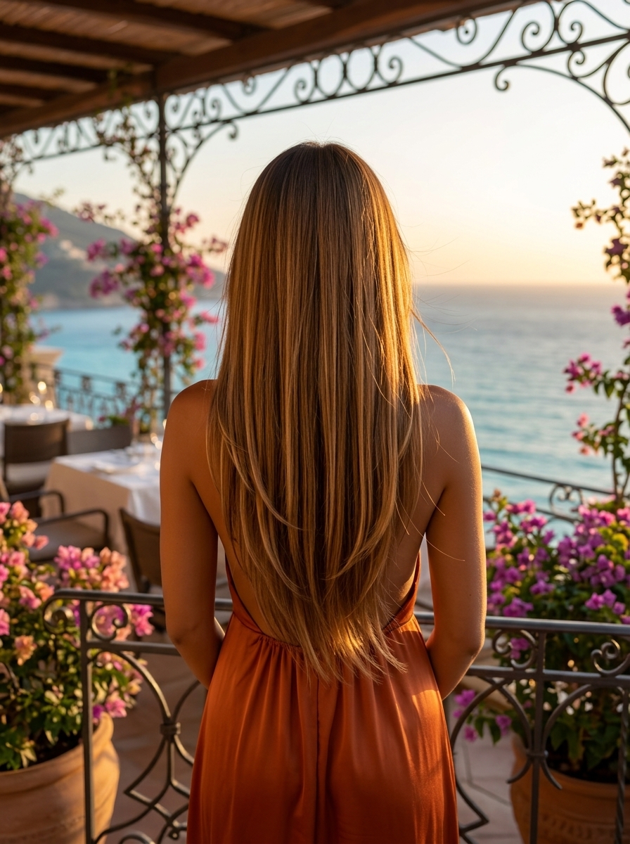 long syrup brunette sleek hairstyle with honey balayage and long layers for summer